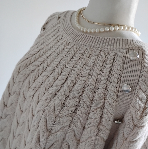 Talbots Cotton Wool Blend Cable Knit Sweater Natural Tan Silver Buttons - Picture 8 of 15
